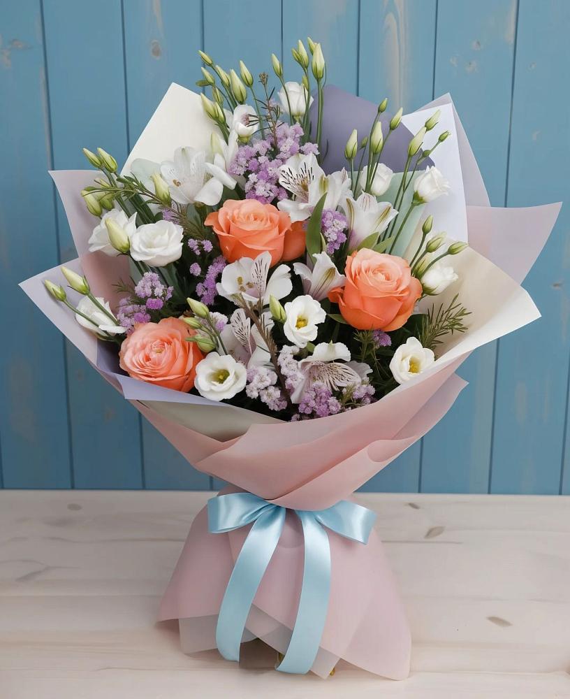Букет цветов из: Лизиантусы, Розы, Альстромерии и Гипсофила в Уренгое